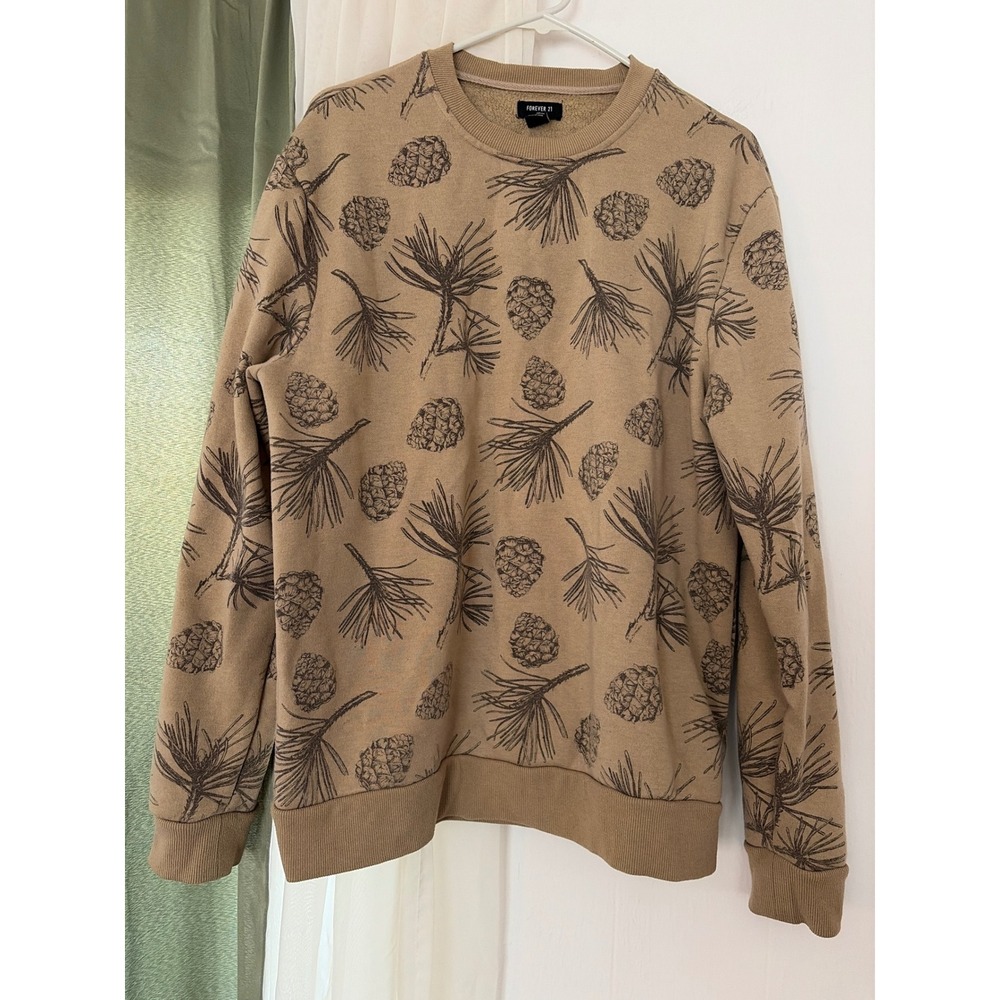 Forever 21 Sweatshirt Mens XL Tan Pinecone Graphic Print Crewneck Fall Nature